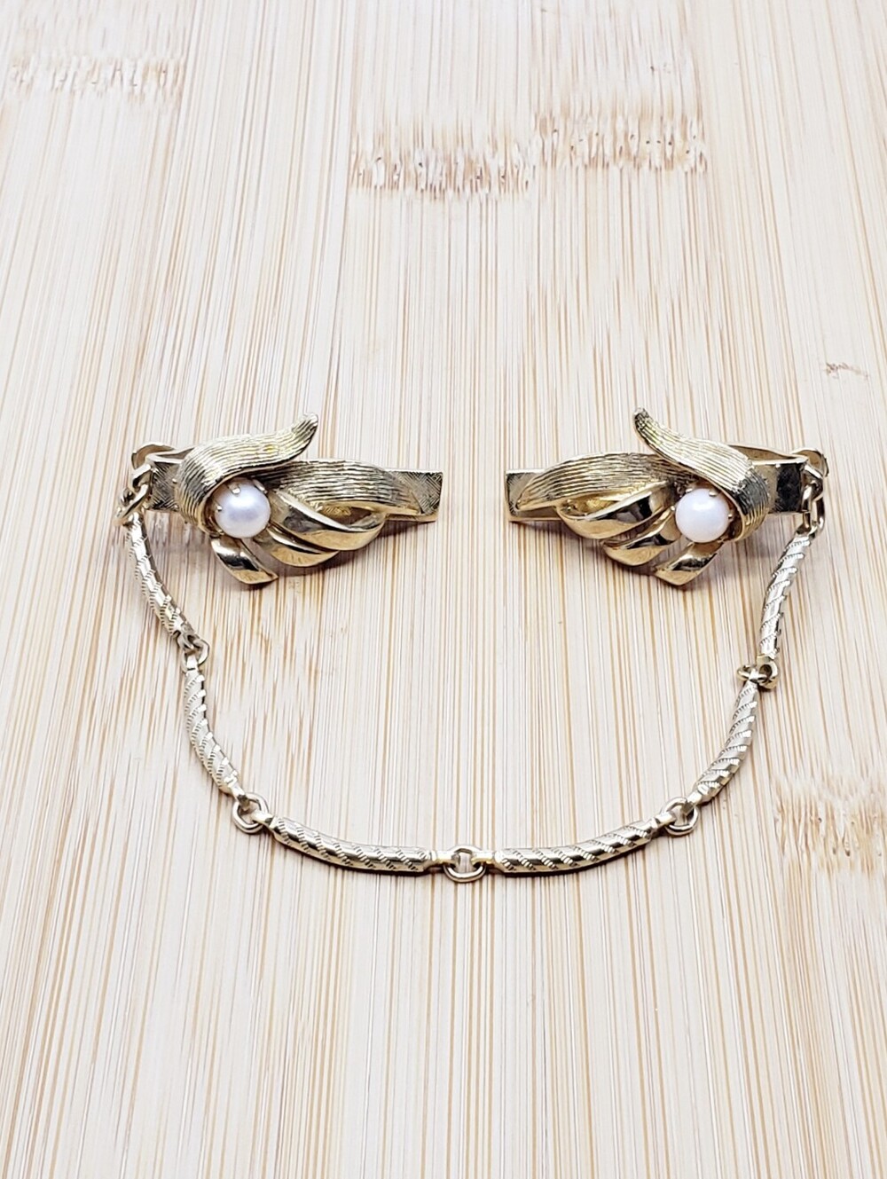 Vintage Gold Tone Faux Pearl Sweater Guard Clips Patented